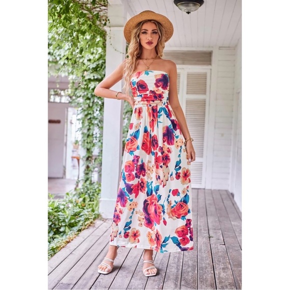 Grace Karin Strapless Floral Maxi Dress - Pink and Blue - Picture 2 of 6